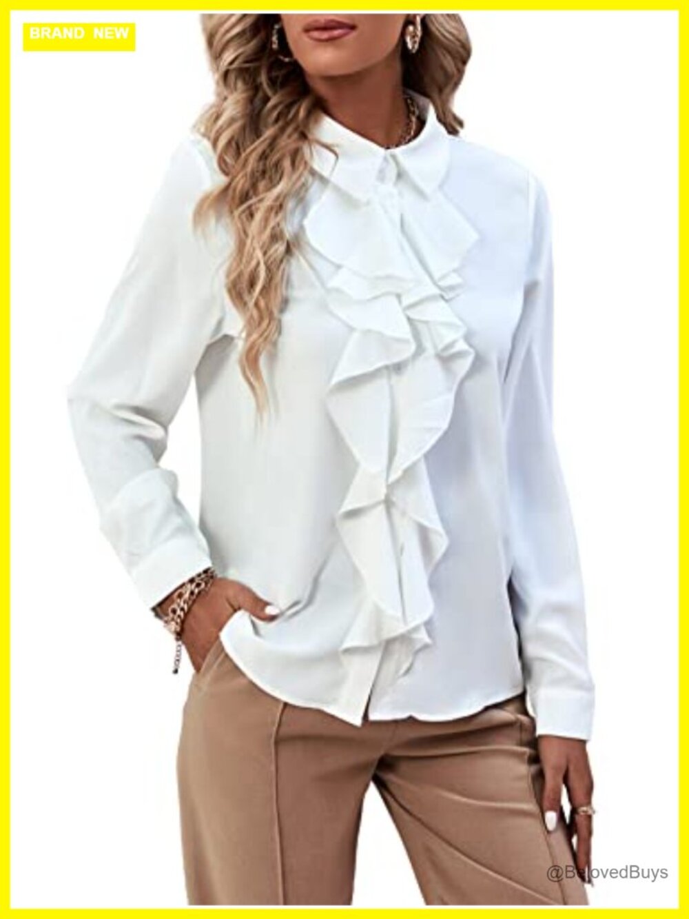 LYANER Women's Ruffle Front Button Down Blouse Long Sleeve Collared Shirt